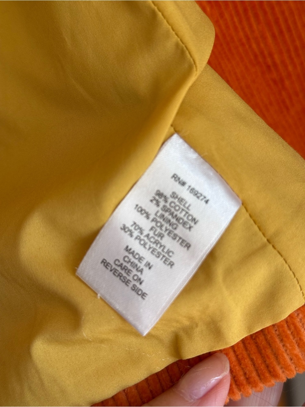 Arizona Designer-Rodeo Orange Corduroy Coat w/ Faux Fur Detachable Collar - Picture 12 of 13